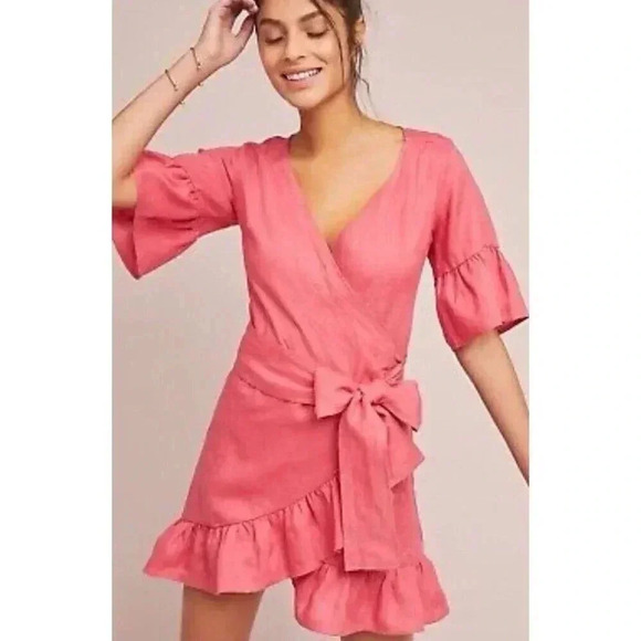ANTHROPOLOGIE TALULAH LINEN WRAP DRESS BY 4OUR DREAMERS CORAL Size Small - Picture 1 of 12